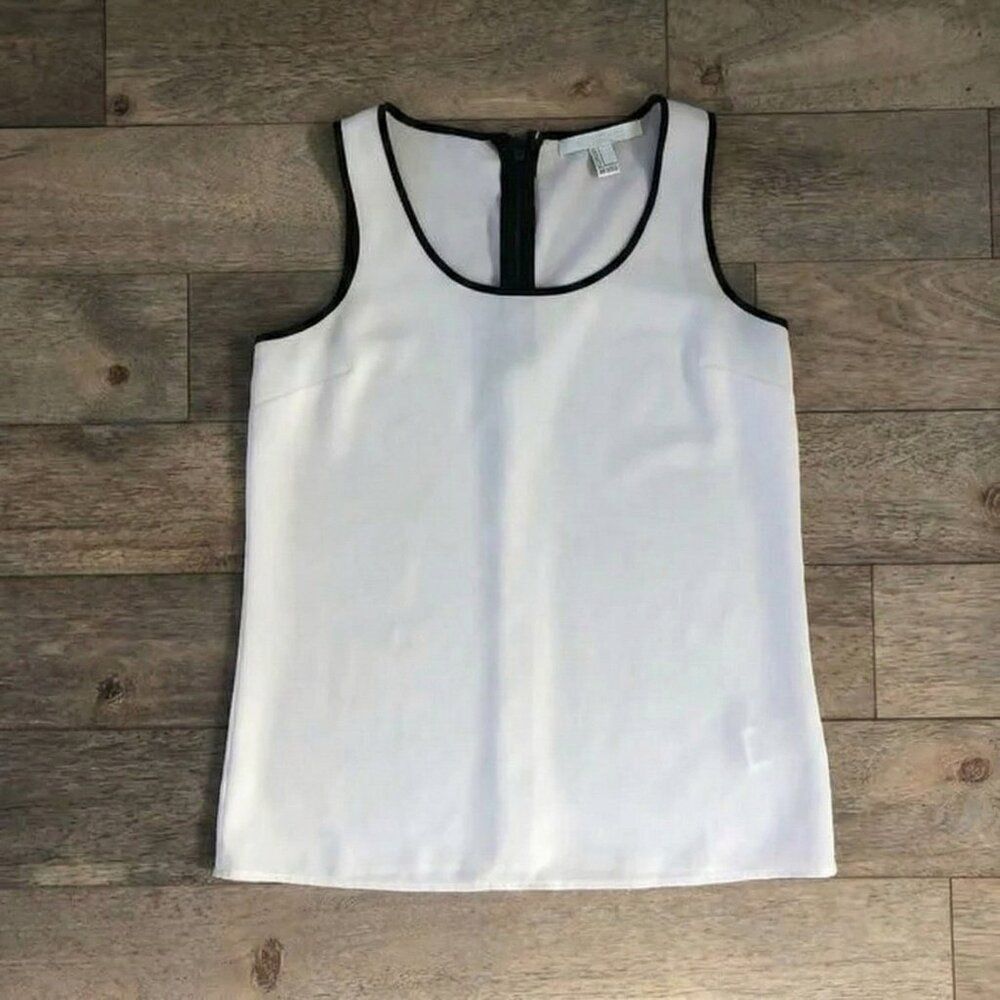 Off White Black Contrast Trim Zip Up Sleeveless Blouse Sz S Minimalist
